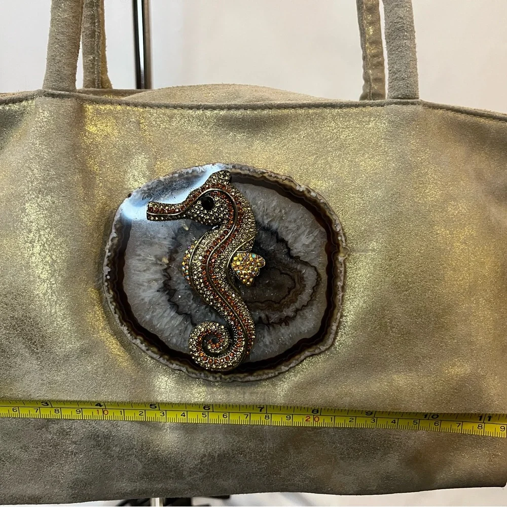 Gold Tote Bag Seahorse and Agate Slice detail. Embellished by Lynn Rosencrantz